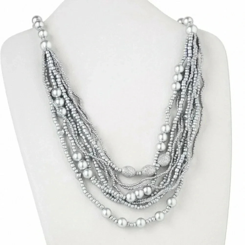 Multi Strand Silver Metallic Wood Beads Necklace
